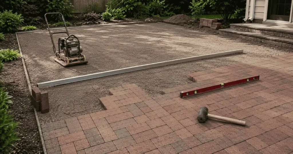 Professional contractor team installing a large 20x20 patio with pavers and compacted base
