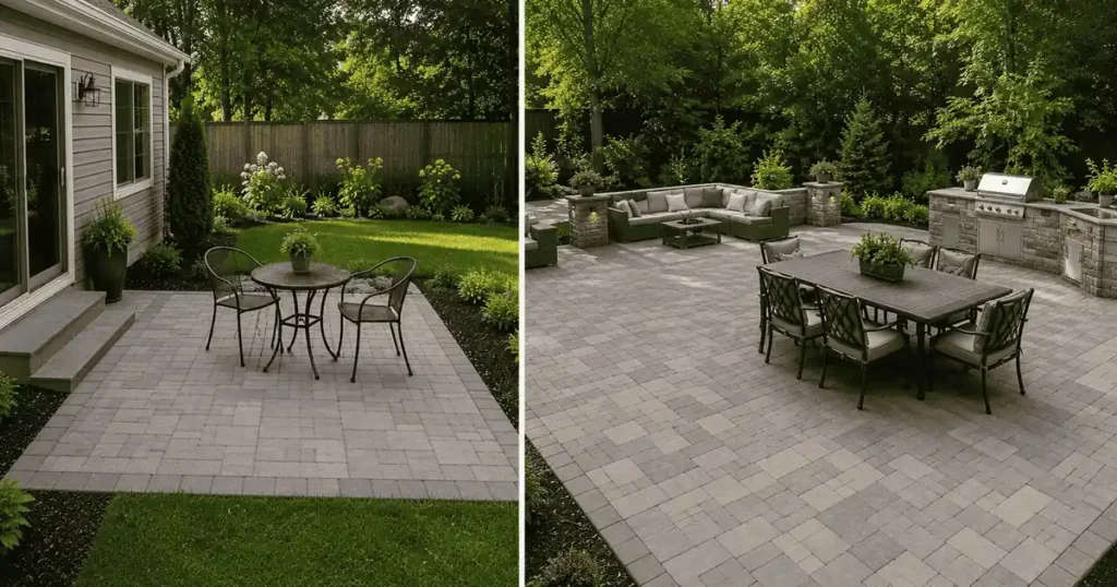 Size comparison of a 12x12 patio versus a large 20x20 patio in a residential backyard