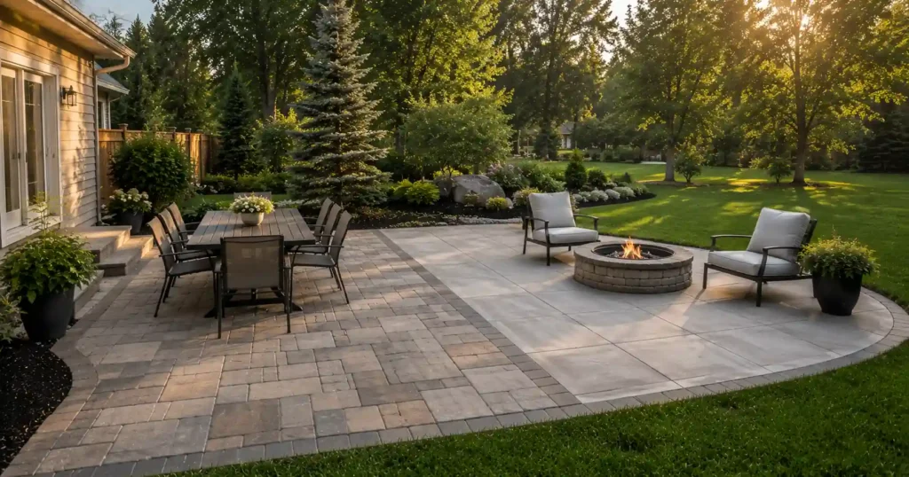 300 square foot patio with outdoor dining and lounge area in suburban backyard