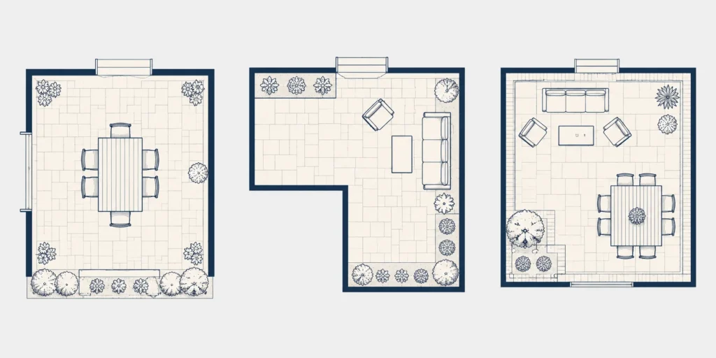 Three different 300 square foot patio layout options showing dining zone lounge zone and mixed use
