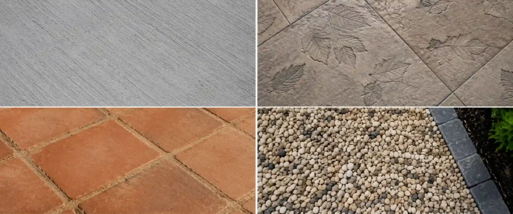 Close up textures of four patio surface materials — concrete stamped concrete pavers and gravel