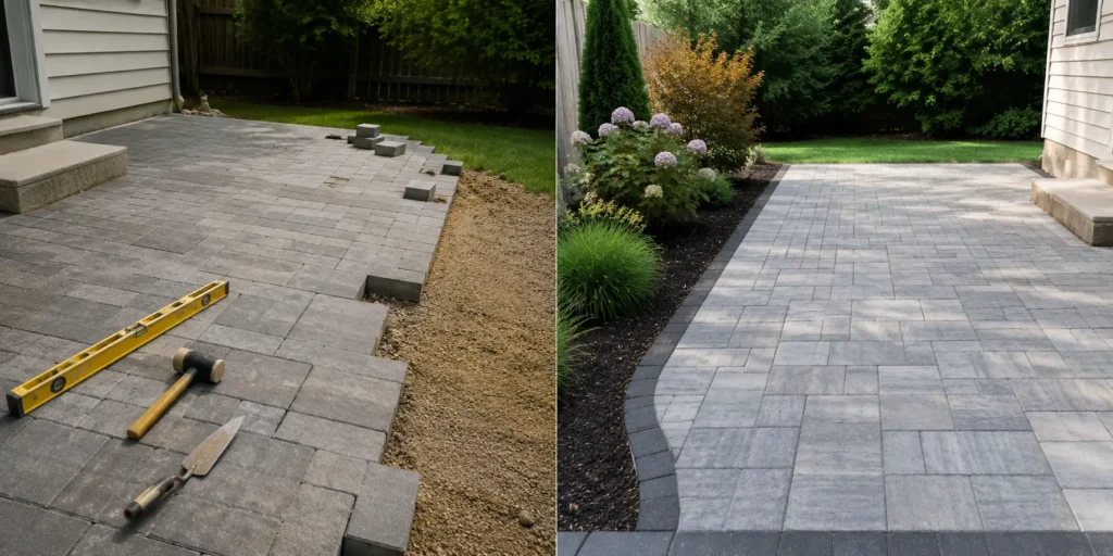 DIY patio installation with homeowner tools versus professional contractor laying pavers