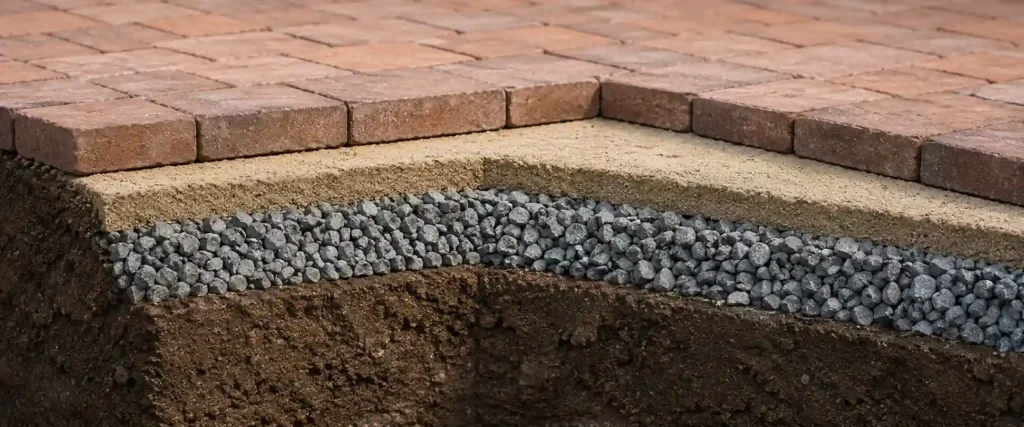 Cross section diagram of patio layers showing excavation base gravel sand and surface material costs