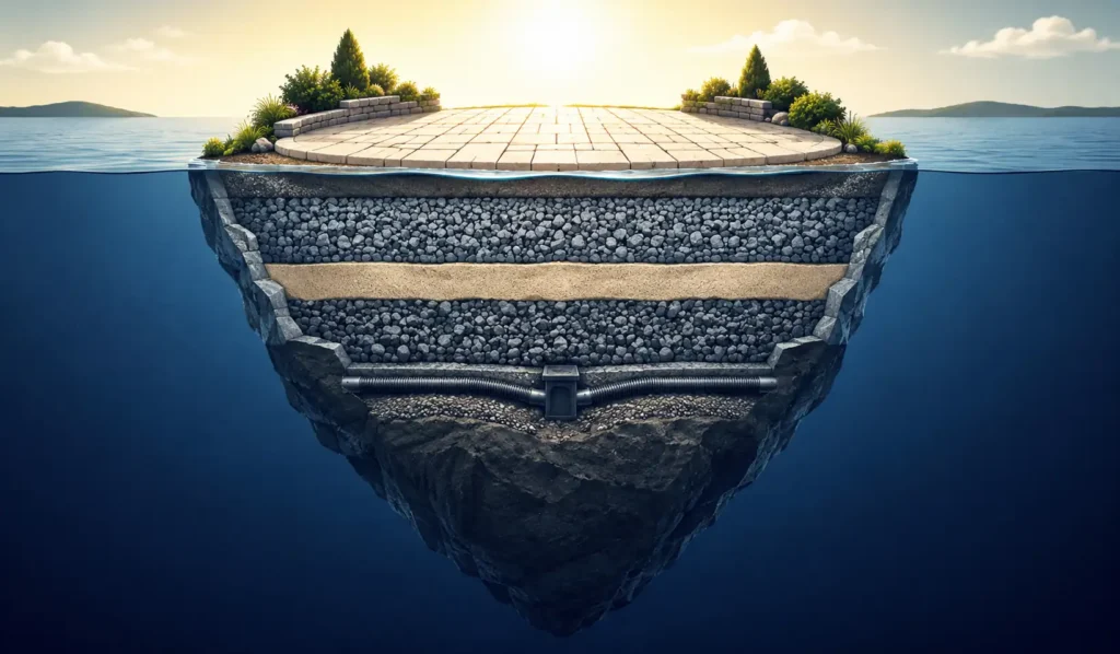 patio cost iceberg showing visible surface costs above water and hidden groundwork costs below