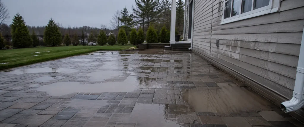 Water pooling on poorly drained patio surface showing drainage hidden cost consequence