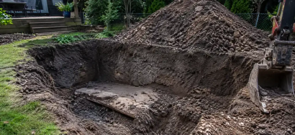 Patio excavation revealing thick clay soil and buried concrete requiring extra removal costs