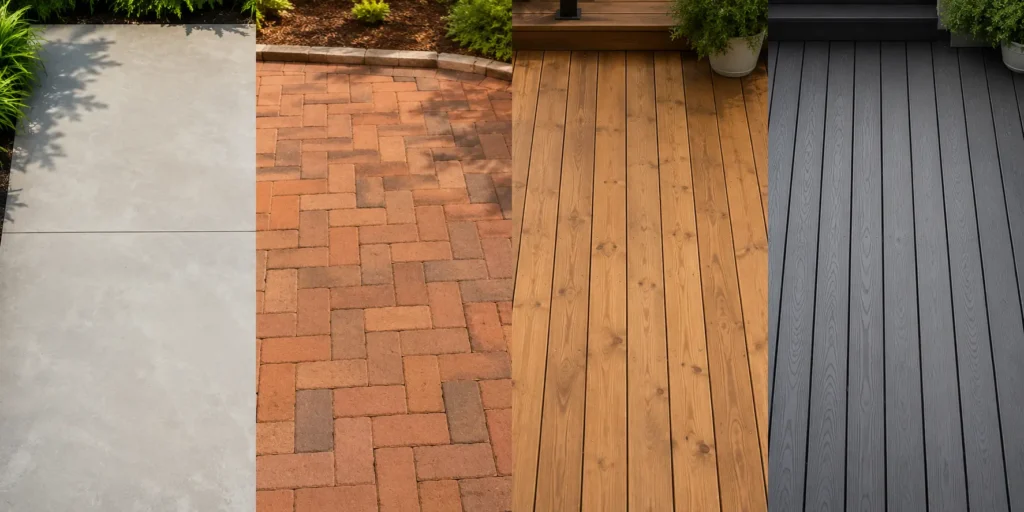 Four patio material types side by side — concrete, pavers, timber deck and composite deck