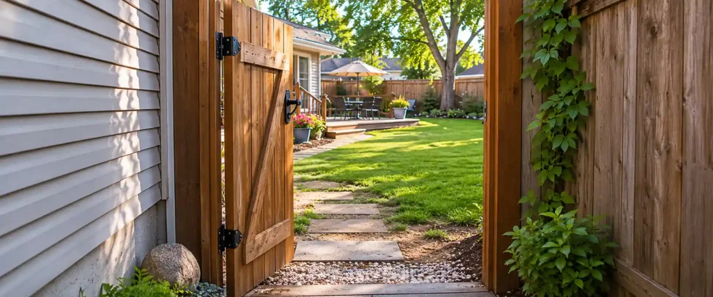 Narrow garden gate showing access challenge for patio machinery and materials delivery