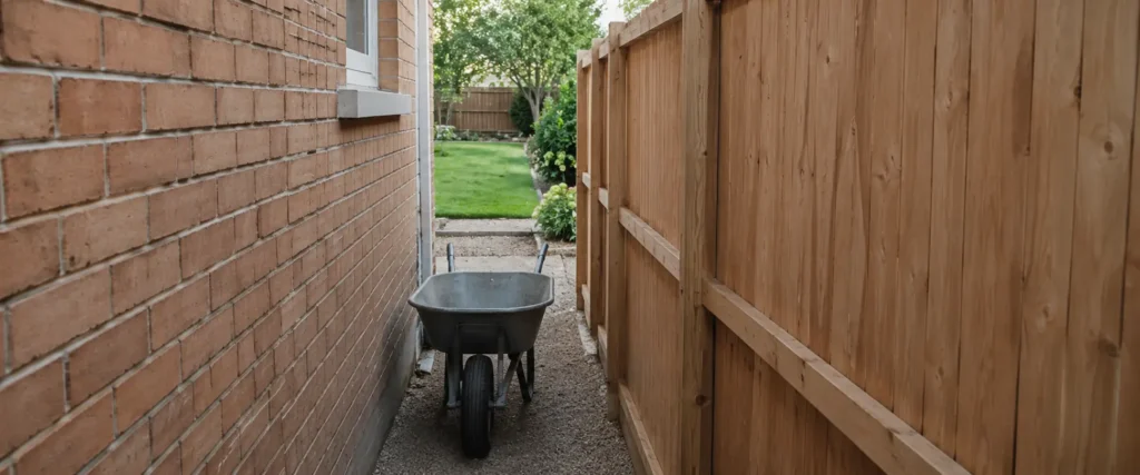 Narrow side gate access to backyard causing hidden labour cost increase for patio installation