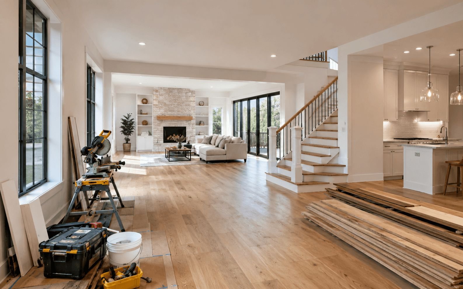 Modern home renovation with wooden flooring and construction tools