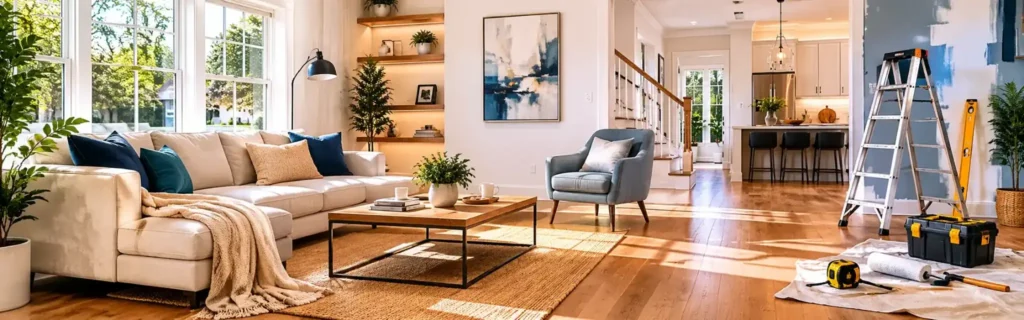 Modern home renovation in progress — bright living room with hardwood floors, ladder, tools, and fresh paint