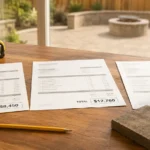 why do patio quotes vary so much — three contractor estimates on a desk with patio background